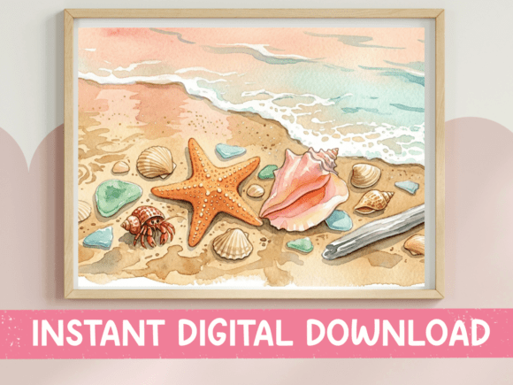 Watercolor Beach Shells and Starfish